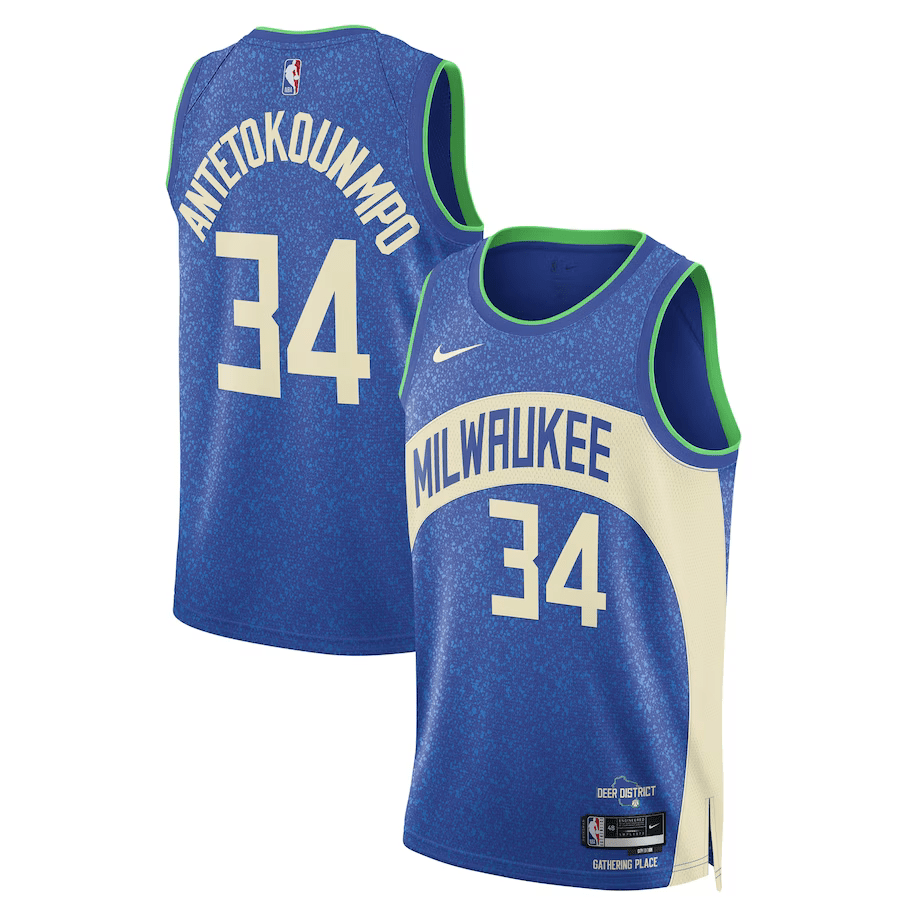 Milwaukee Bucks City Edition 2023/24 Blue NBA Jersey - Giannis Antetokounmpo 34