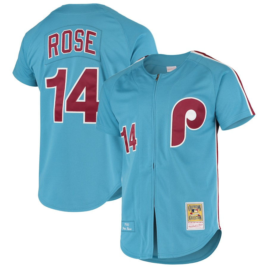 Philadelphia Phillies Pete Rose 14 Mitchell & Ness Light Blue Cooperstown Collection Authentic MLB Jersey